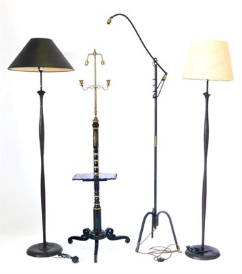 Lot 413 - A Regency Style Ebonised and Mother-of-Pearl Standard Lamp, with two brass candle arms and two...