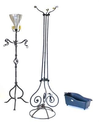 Lot 417 - An Iron Uplighter, with metal shade, three brass light holders with scrolled arm brackets and a...