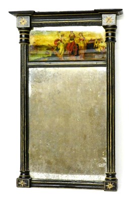 Lot 444 - A Regency Ebonised Wall Mirror, with reverse breakfront cornice over a reverse print on glass...