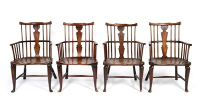 Lot 448 - A Matched Set of Four 18th Century Ash and Elm Comb-Back Windsor Armchairs, with tapered vase...