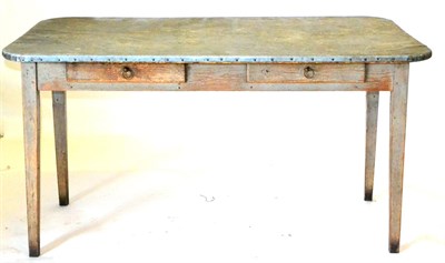 Lot 452 - A 19th Century Painted Pine Kitchen Table, of rounded rectangular form with nailed zinc cover above