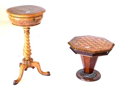 Lot 463 - A Victorian Bird's Eye Maple Teapoy, of circular form on a tripod base; and An Inlaid Work...