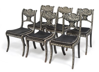 Lot 465 - A Set of Six 19th Century Chairs, the frames later decorated with flower-and-fern ''penwork'', with