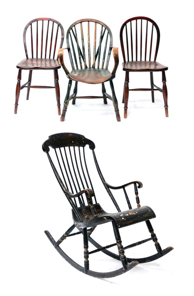 Lot 473 - A Boston Rocker Windsor Chair, japanned black and gold; A Small Green Painted Windsor Armchair; and