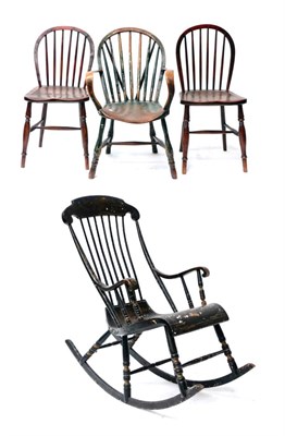 Lot 473 - A Boston Rocker Windsor Chair, japanned black and gold; A Small Green Painted Windsor Armchair; and