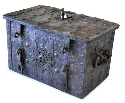 Lot 474 - An Iron-Bound Strong Box, probably 18th century, with metal clasps, decorative escutcheon and...