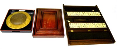 Lot 481 - A Modern Bone and Wood Mah-Jong Set, in a hardwood case; A Graduated Set of Six Japanese...