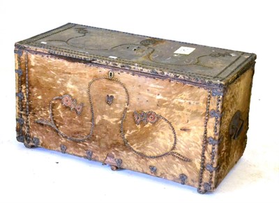 Lot 486 - An 18th Century Hide Covered Trunk, with nailed decoration, 110cm by 54cm by 54cm (a/f)