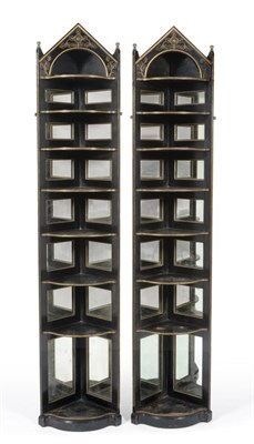 Lot 503 - A Pair of Tall 19th Century Ebonised Corner Display Shelves, with incised gilt decoration, each...