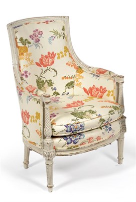 Lot 508 - A Louis XVI Grey-Painted Armchair, late 18th century, in floral fabric, the moulded frame with...