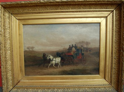 Lot 819 - William Joseph Shayer (1811-1892) Coach and four on an open road, lady and gentleman on...