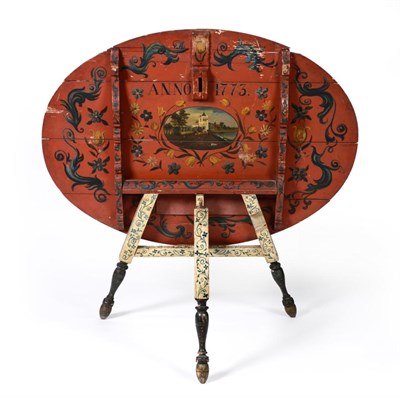 Lot 517 - A 19th Century Dutch Painted Folding Table, the oval top painted with a rustic scene of figures...