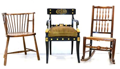 Lot 520 - Two Oak Windsor-Type Armchairs; A Regency Style Armchair; and A Lancashire Rocking Chair (4)