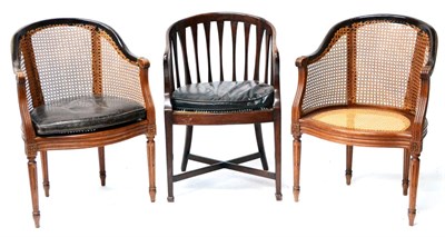 Lot 548 - A Pair of Louis XVI Style Caned Tub Chairs, with loose leather squabs; and One Other...