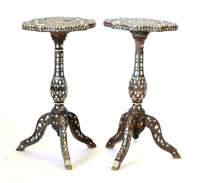 Lot 566 - A Pair of Damascus Tables, late 19th/early 20th century, inlaid throughout with geometric motifs of