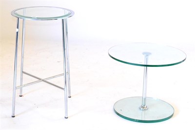 Lot 569 - A 20th Century Glass and Chrome Sofa Table, the circular glass top on a circular chrome support...