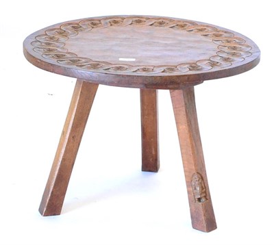 Lot 576 - A Thomas ''Gnomeman'' Whittaker Circular Oak Coffee Table, the top with a carved repeating pattern