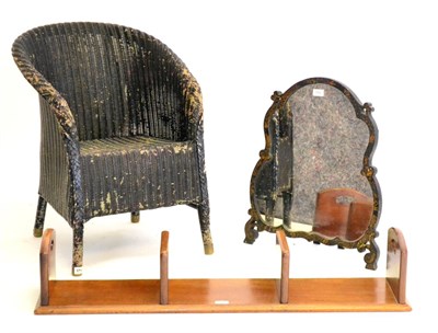 Lot 594 - A Lloyd Loom Chair, painted black; A Dressing Mirror, with a japanned frame; and A Wooden Book Rack