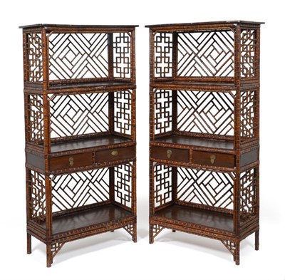 Lot 598 - A Pair of Chinese Bamboo Display Shelves, each with three open shelves and a pair of drawers in the