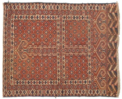 Lot 619 - Unusual Yomut Ensi Emirate of Bukhara The terracotta quartered field centred by a stepped...