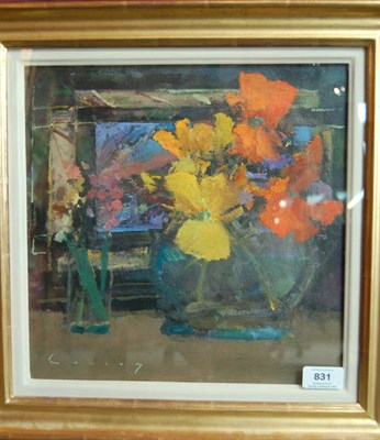 Lot 831 - Frederick George Rees Cuming RA, ARCA (b.1930) "Nasturtiums" Signed, inscribed verso, oil on board