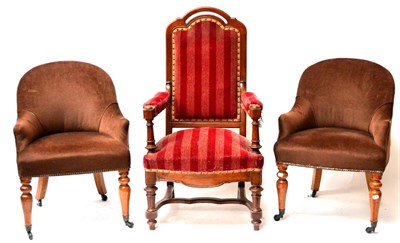 Lot 633 - A Pair of Late 19th Century Tub Chairs, upholstered in brown dralon, on turned legs; and A...