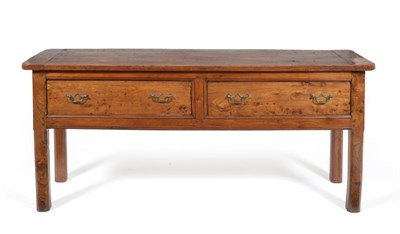 Lot 644 - An Elm Low Dresser, with a cleated top over two drawers, on chamfered square legs, 170cm by 46cm by