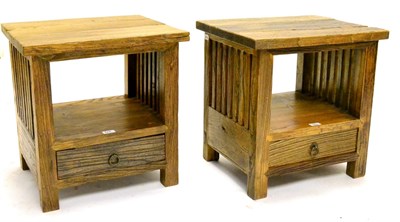 Lot 665 - A Pair of Hardwood Bedside Tables, of recent date, with slatted sides above frieze drawers, 50cm by