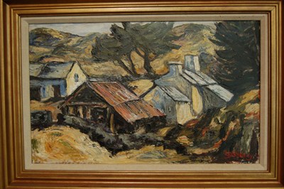 Lot 835 - Roy Burrows (b.1922)  Welsh farmstead with hills in the distance Signed, oil on board, 38.5cm...