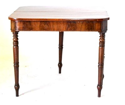 Lot 675 - A Regency Mahogany Tea Table, the D shaped foldover top raised on turned and tapered legs, 92cm...