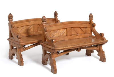 Lot 718 - A Pair of 19th Century Elm Gothic Revival Hall Benches, each with a low arched and panelled...