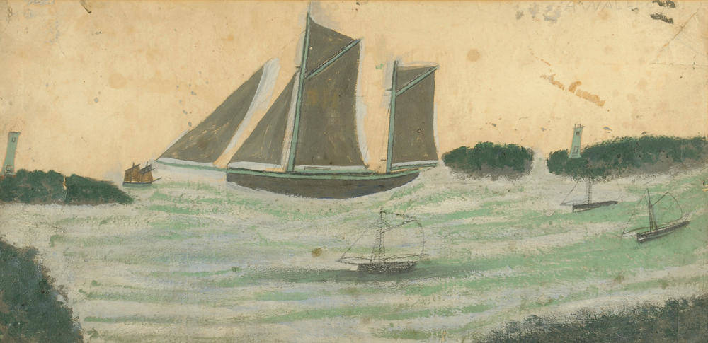Lot 842 - Alfred Wallis (1855-1942) Fishing boats off a Cornish coastline Signed, oil on board, 28cm by 58cm