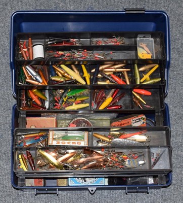 Lot 3023 - A Cantilevered Plastic Box Containing a Good Selection of Assorted Lures; and Fishing...
