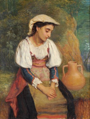 Lot 844 - John Bagnold Burgess RA (1830-1897) "Waiting", Spanish girl seated beside a well Signed with...