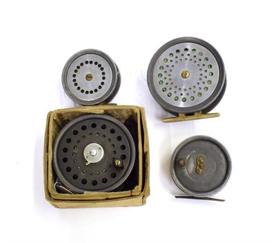 Lot 3070 - Four Fly Reels, comprising a Cummins (Bishop Auckland), 4 in. alloy salmon fly reel, brass line...