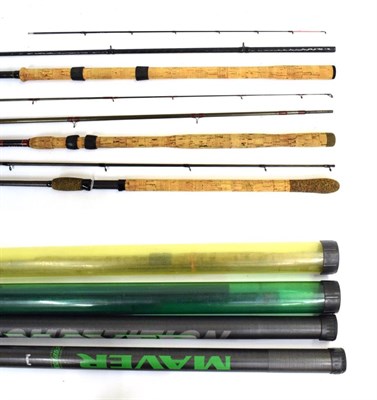 Lot 3074 - Three Graphite / Carbon Fibre Coarse Fishing Rods, by Daiwa, Drennan and Maver, all in nylon...