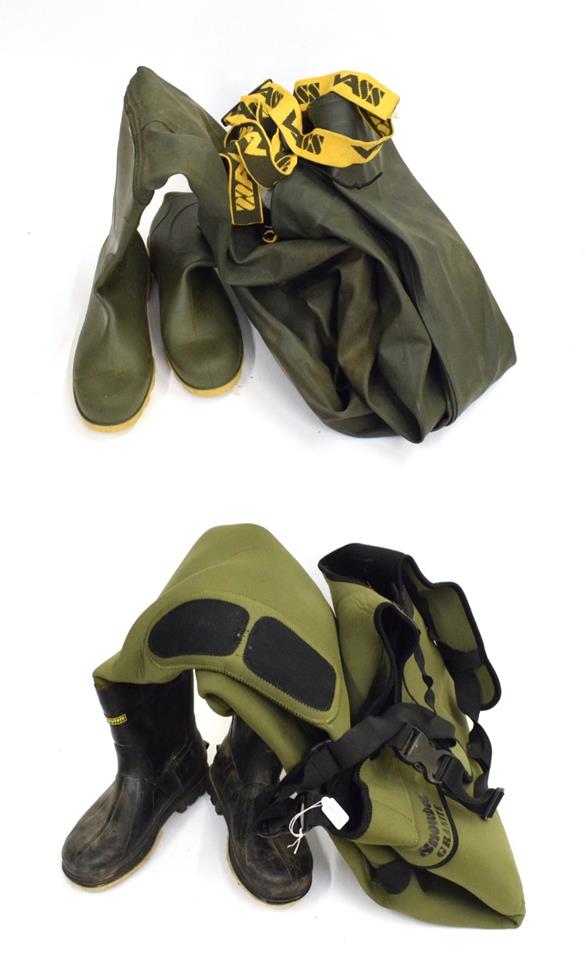 Lot 3082 - Assorted Fishing Wading Equipment, comprising a pair of Dunlop chest waders, size 10; a pair of...