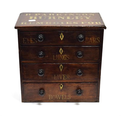Lot 3116 - R Parkinson Burnley Remedies Shop Cabinet with four drawers, the cabinet is label in large gold...