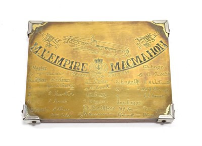 Lot 3139 - Brass Plaque 'MV Empire MacMahon' Maiden Voyage Jan 1944 engraved with line drawing of the ship and