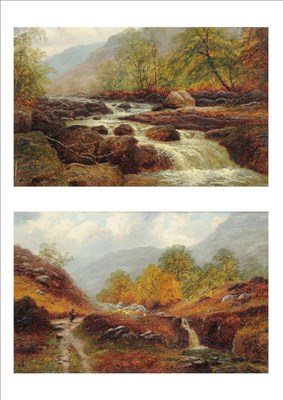 Lot 855 - William Mellor (1851-1931) River landscape, a waterfall in the foreground; Figure on a path,...