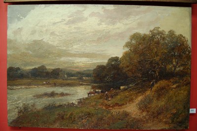 Lot 856 - William Manners RBA (c.1865-c.1940) River landscape with figures and cattle beside trees, buildings