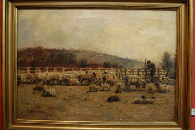 Lot 858 - John William Buxton Knight RBA, RE, NEAC (1842-1908) Shepherd and sheep with lambs in a...