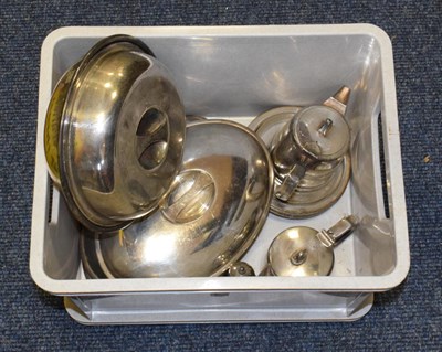 Lot 3183 - Port Line Metalware Group five oval dish covers, two teapots, eight circular dishes 5 1/2''...