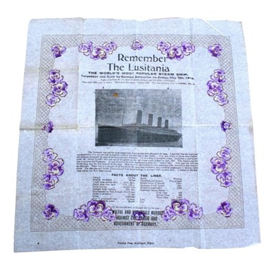 Lot 3184 - Remember The Lusitania Printed Napkin 'The World's most popular steam ship torpedoed and sunk...