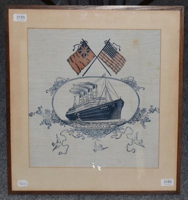 Lot 3185 - RMS Aquitania Silk Picture with image of liner under crossed flags of the Red Ensign and the Star &