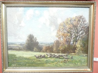 Lot 859 - William Charles Rushton (1860-1921) Sheep grazing in a meadow, an extensive landscape beyond...