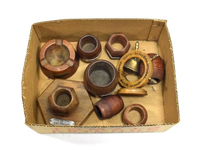 Lot 3204 - Teak Naval Commemorative Items  HMS Spartiate ashtray, HMS Sesame barrel and candle holder, HMS...