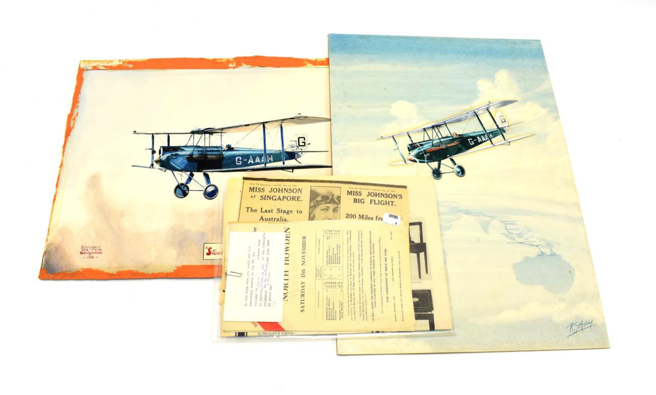 Lot 3222 - Amy Johnson Related Watercolours Both Depicting G-AAAH DeHavilland DH60 Jason (i) Stanley Orton...