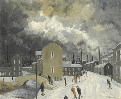 Lot 865 - Geoffrey W. Birks YWS (1929-1993) An industrial northern street scene, with figures beside a...