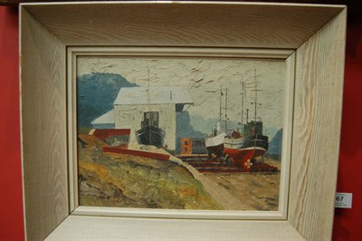 Lot 867 - Geoffrey W. Birks YWS (1929-1993) Boatyard, possibly on the river Esk, Whitby Oil on board, 23cm by